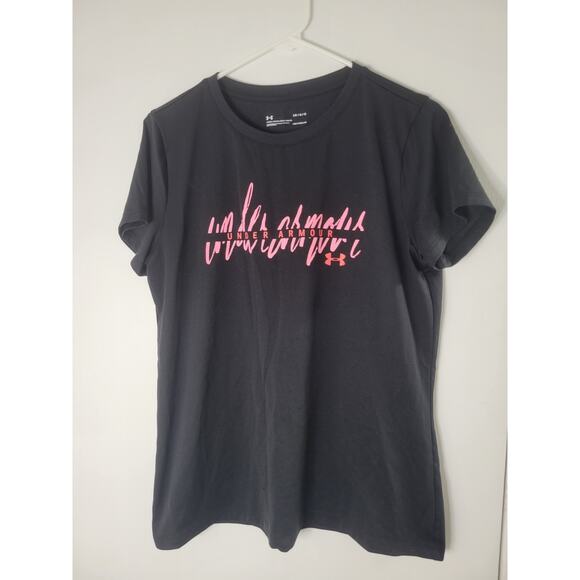 Under Armour Tech Script Crewneck Women's Black Pink Short Sleeve Top Size L - Picture 1 of 5